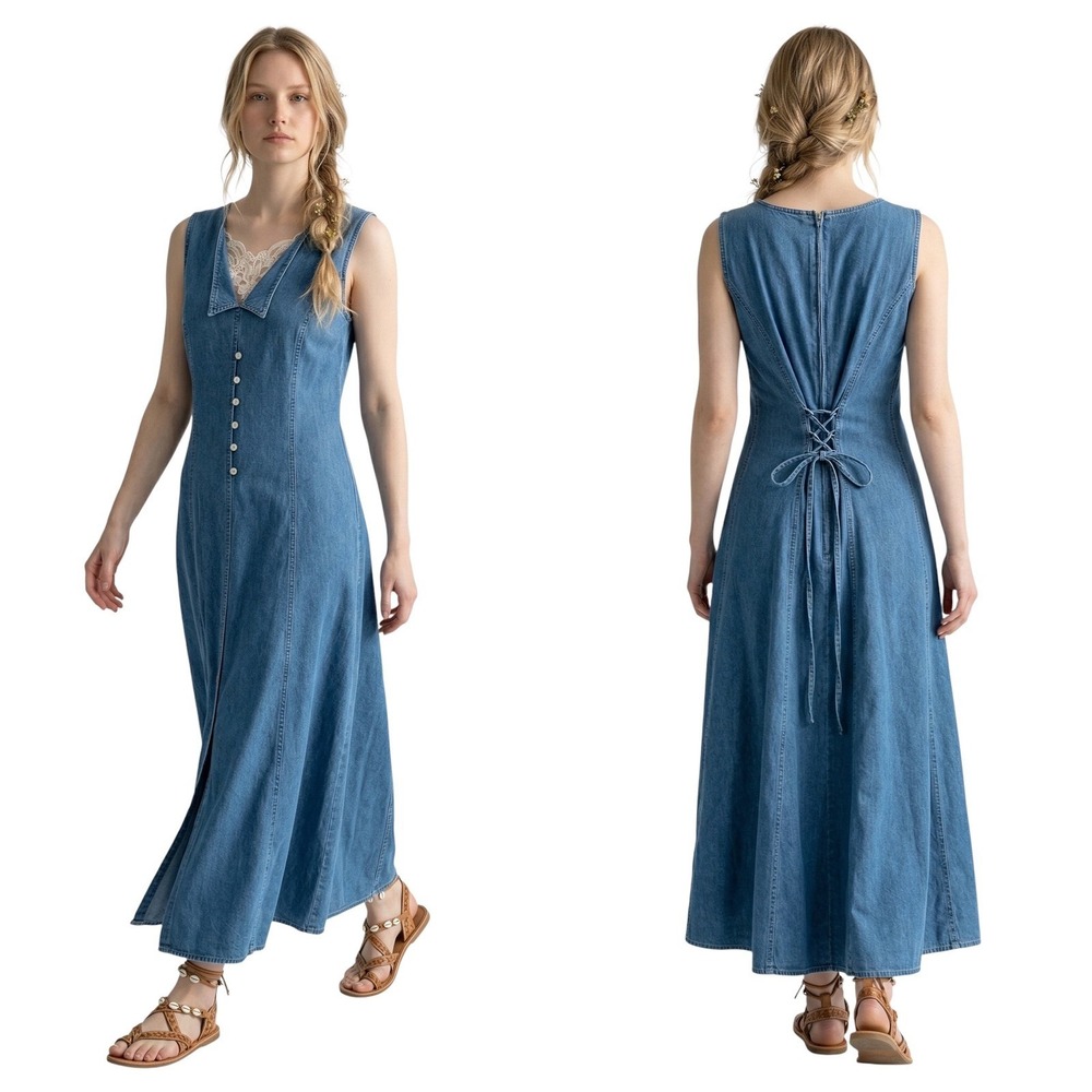 Vtg Y2K 90s Womens 12 Maxi Denim Jean Dress Sleeveless Cottagecore Corset Back